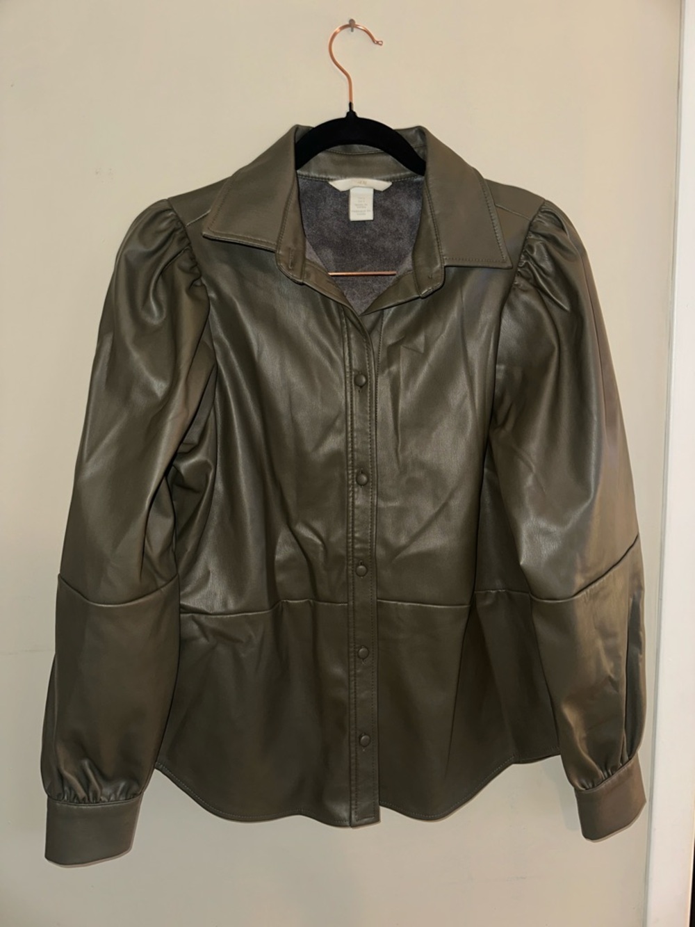 H&M Olive Faux Leather Puff-Sleeve Shirt Jacket